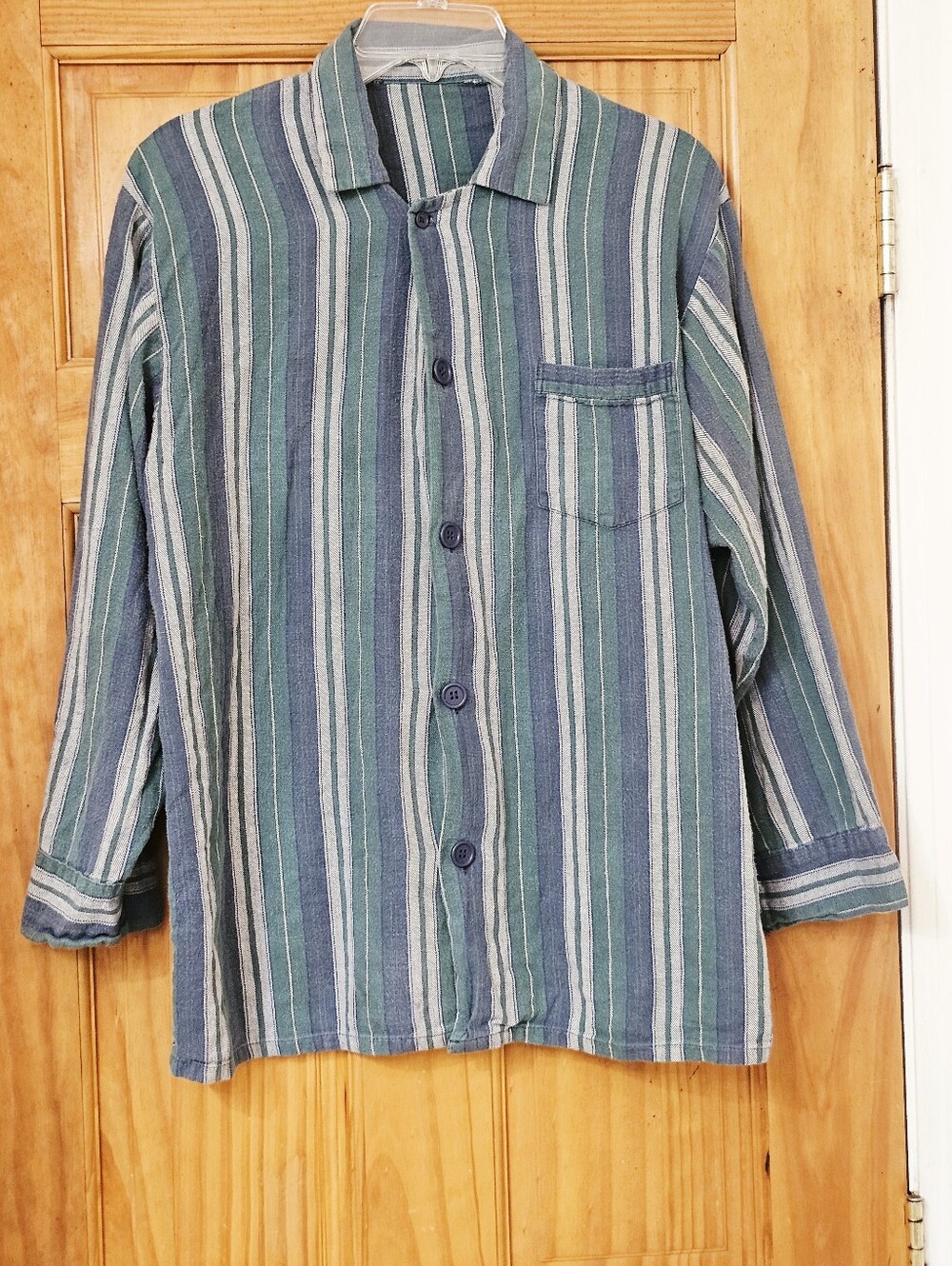 Vintage Green Blue Striped Button-Up Shirt Men's L Unisex Overshirt